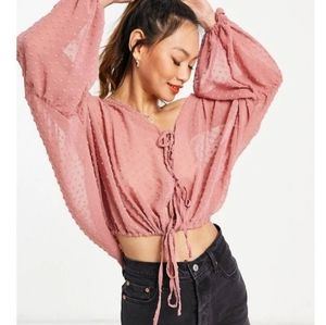 ASOS Design long sleeve sheer plunge top PINK